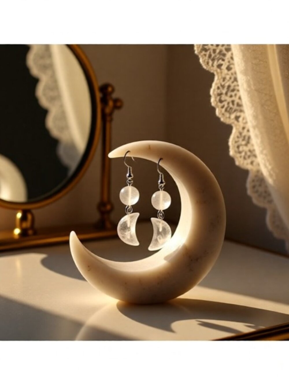 Genuine Quartz Moon Dangle Earrings! Lunar Goddess Drops ~ Stainless Steel Posts